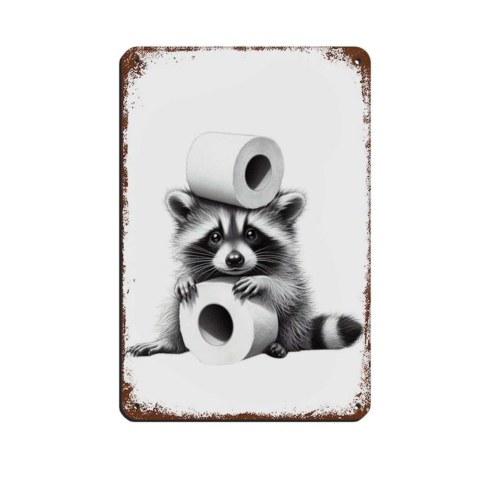 Bathroom Art, Raccoon, Toilet Paper Retro Poster Metal Tin Sign Chic Art Retro Iron Painting Bar People Cave Cafe Family Garage Poster Wall Decoration 8x12inch(20x30cm)