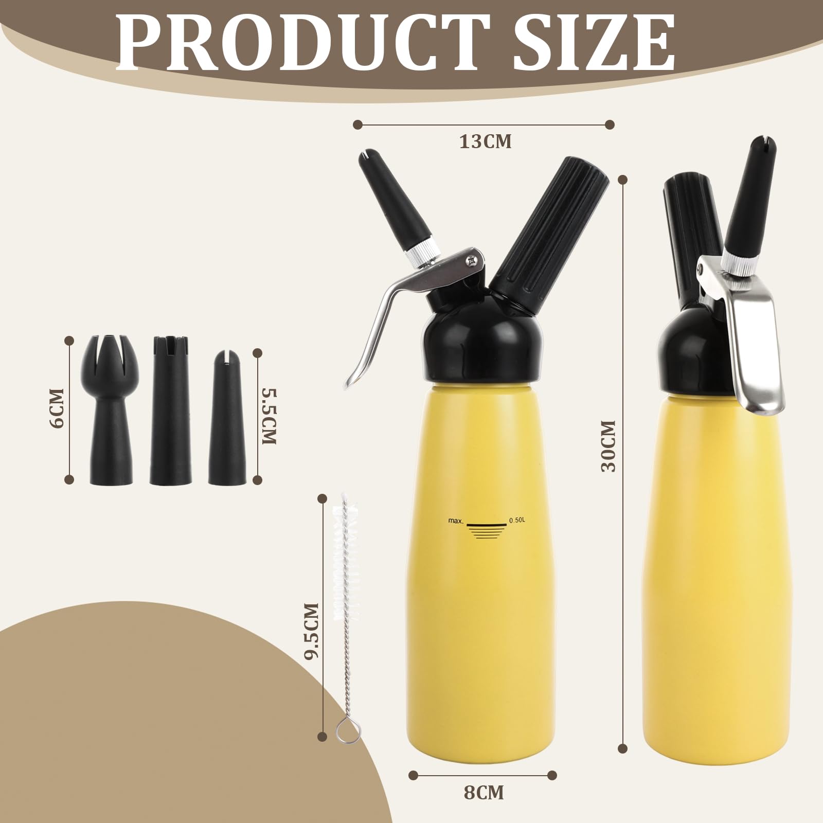 ASelected 500 ml Professionelle Sahnespender Aluminium, Sahnesyphon Aluminium mit 3 Edelstahl Deko-Düsen und 1 Reinigungbürste, Auslaufsicherer sahnesiphon für die Zubereitung von Schlagsahne