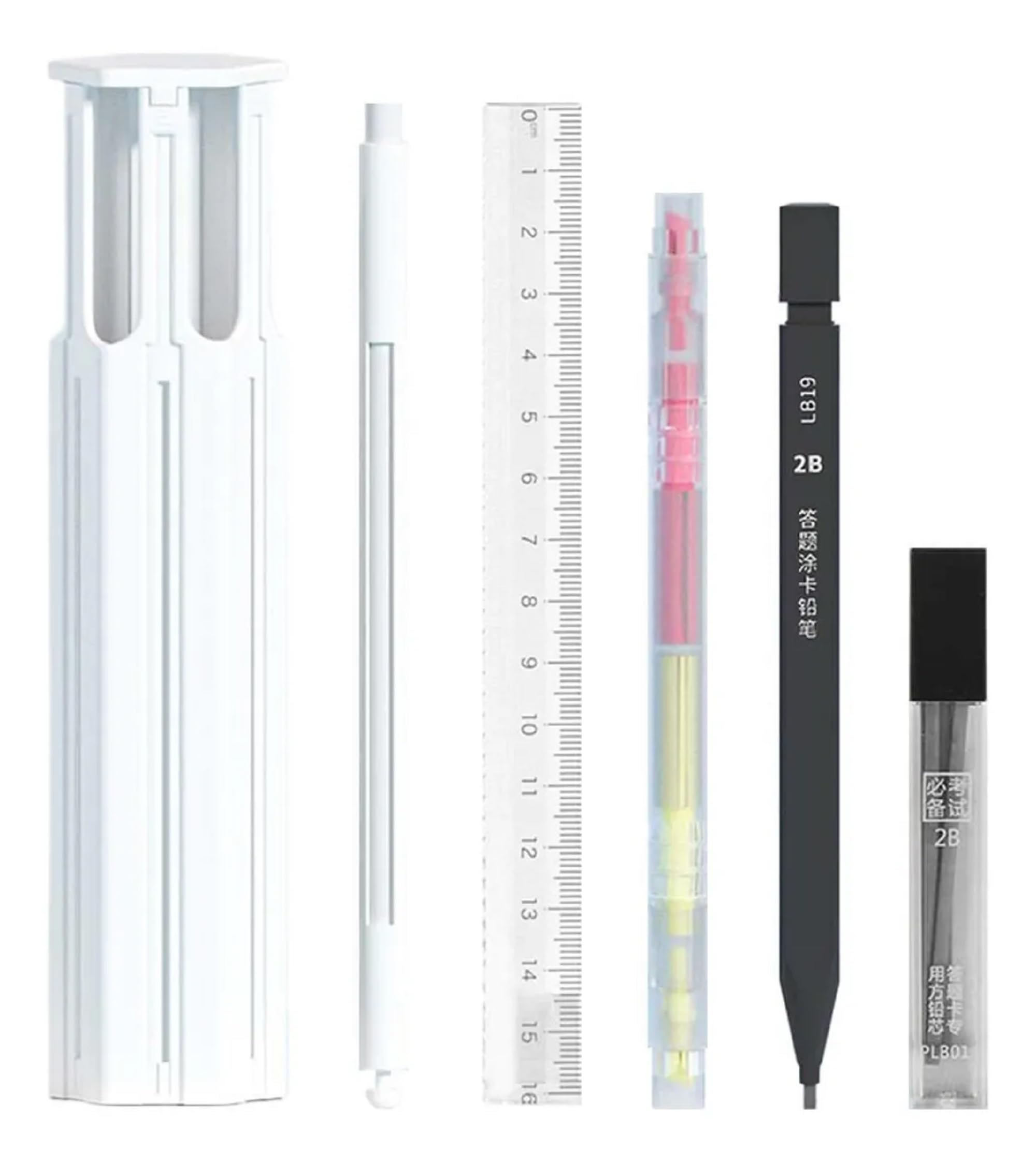 AUGEN Hexagonal Pencil Box with Standing Pen Holder | Multifunction Writing Case with Ruler & Detachable Eraser | Durable ABS Pen Storage for Students (White)-image-2