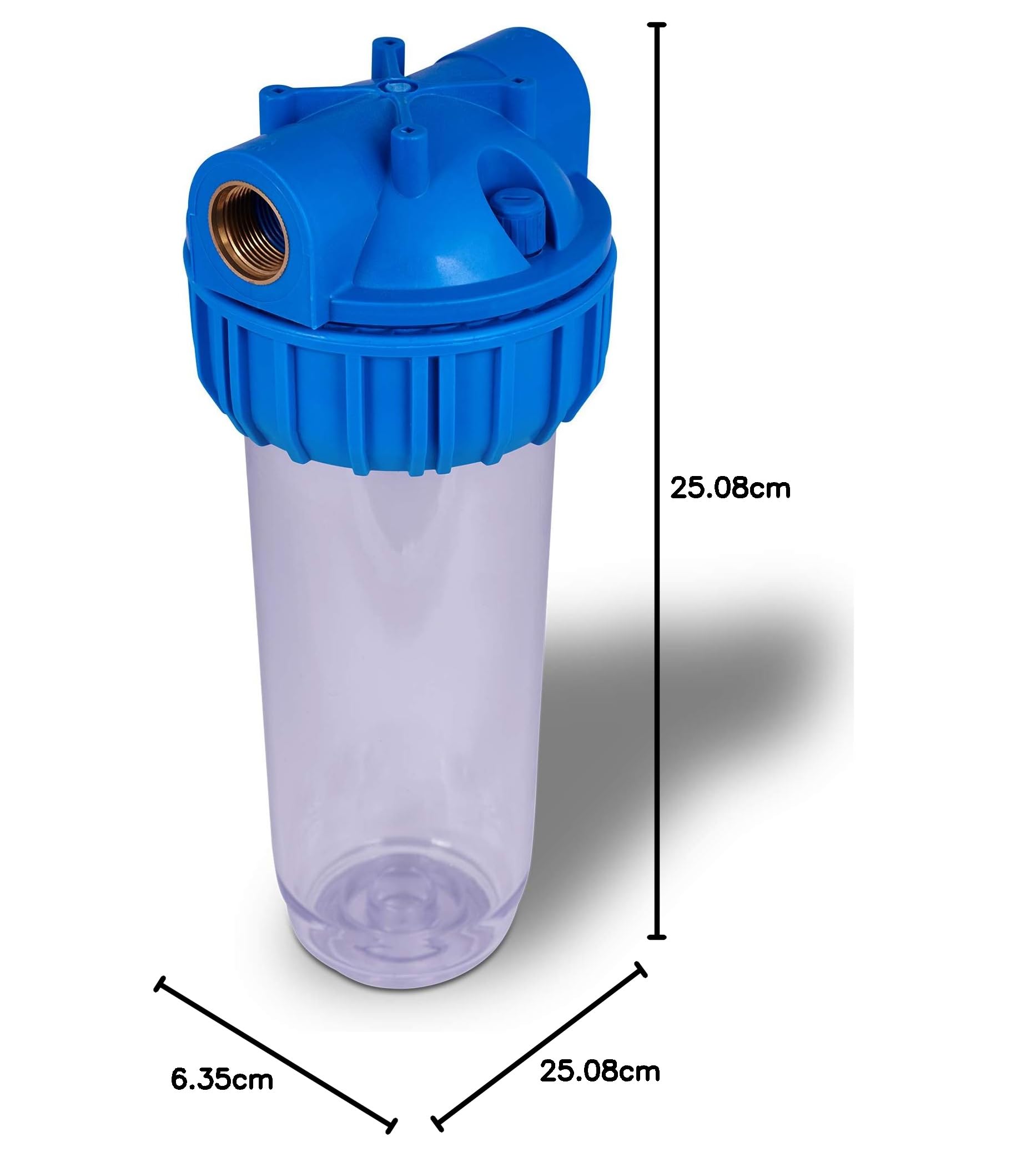 10 "clara estándar transparente toda la casa filtro de agua sistema prensatela de con botón de socorro, 3/4" de entrada y salida latón puerto
