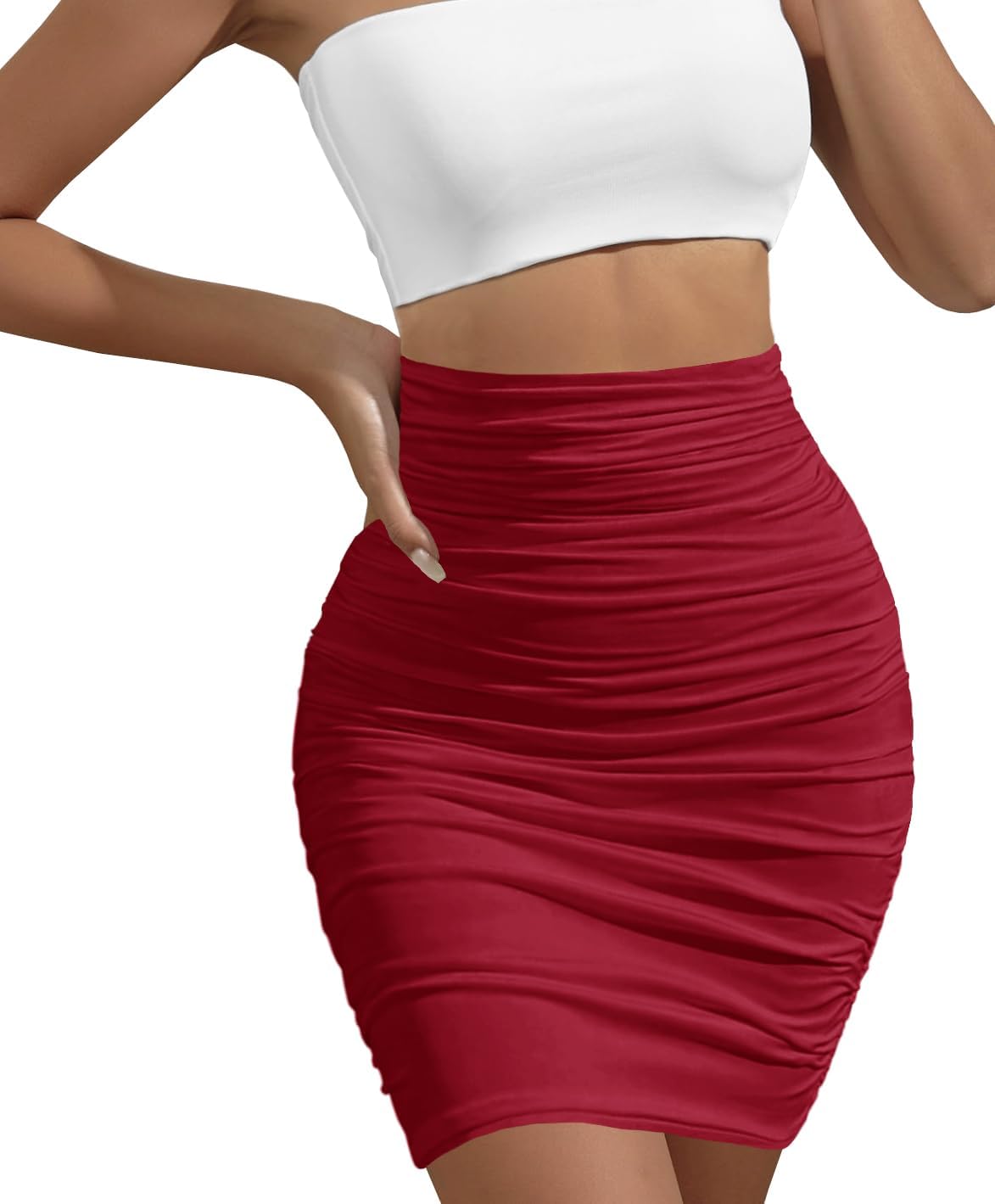 Afibi Women's Elastic High Waist Ruched Bodycon Stretch Club Pencil Midi Skirt - Image 3