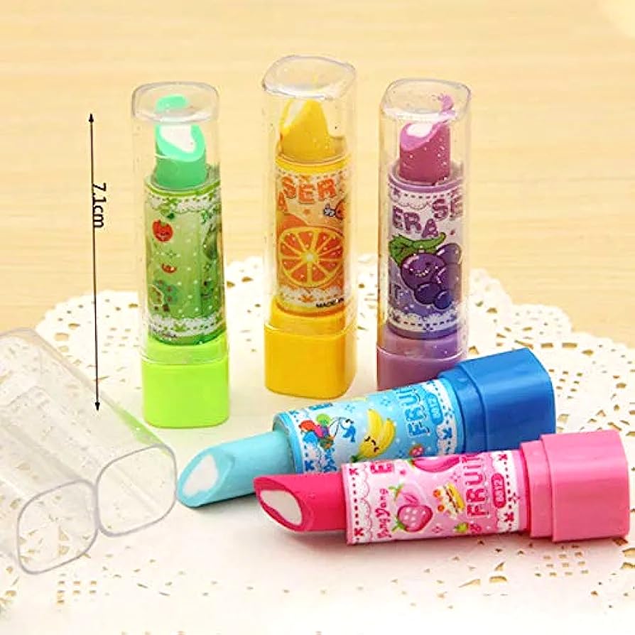 Image of AK Store (Pack of 4) 3D Cute Cartoon Shape Rubber Pencil Erasers, School Stationery for Kids, Boys Girls, Birthday Return Gifts (Lipstick), Multi-Color