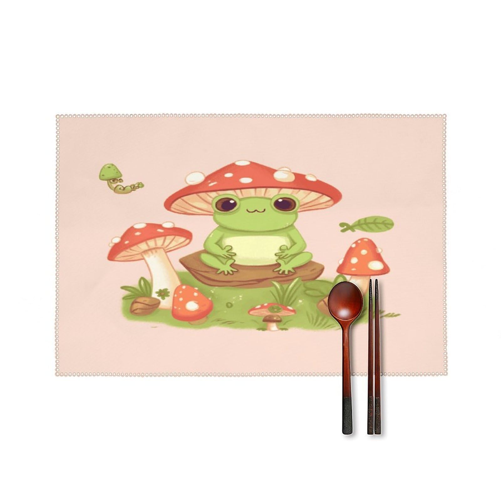 Cute Frogs and Mushrooms Placemats Set of 4 Heat Resistant Non-Slip Place Mats for Dining Table Washable Placemat Wipeable Dining Table Mat Canvas Place Mats Dining Table Decor