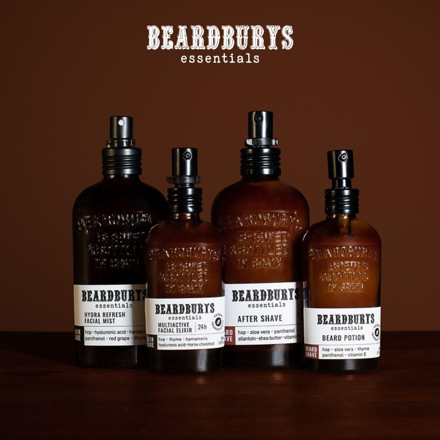 Beardburys Essentials Skincare | Pacchetto di routine facciale per uomini. Kit crema idratante + nebbia facciale + dopo barba da barba. Cosmetici con acido ialuronico e luppolo. Skincare Face Man