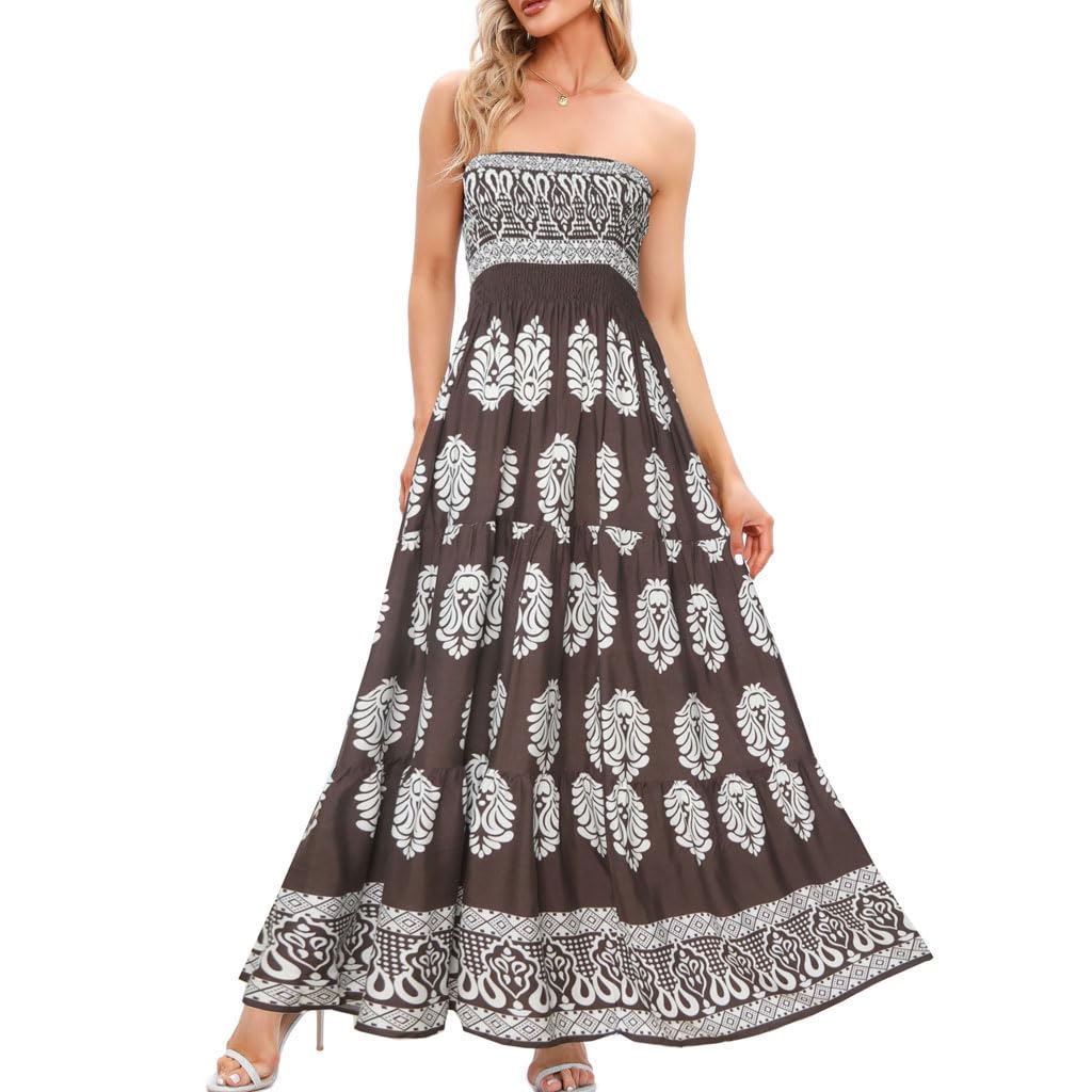 Women's Casual Off Shoulder Maxi Dress Strapless Tube Top Bohemian Beach Long Dresses 092