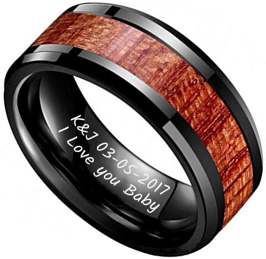 MZZJ Free Laser Engraving 8MM High Polish Tungsten Carbide Wood Inlay Ring Beveled Edges/Dome Engagement Wedding Ring Band for Men Women,Wooden Tungsten Ring, for Him Her,Size 5 to 14