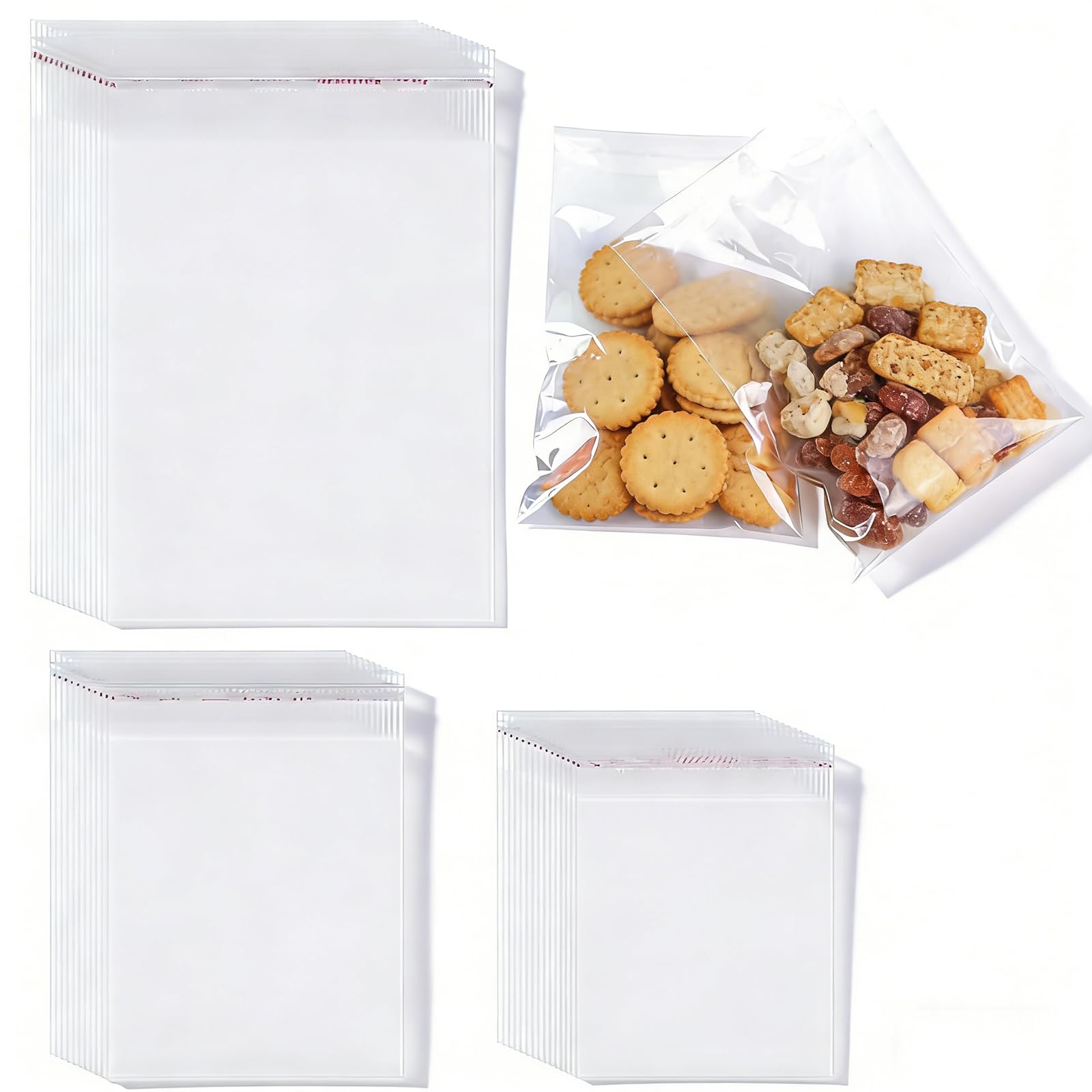 Cellophane Bags Pack of 300, Three Size 3x5, 5x6, 6x9 Inch Small Clear Cellophane Sweet Cookie Bag, Food Safe, Seal Clear Self-Adhesive OPP Display Sealable Bags for Envelopes, Gifts, Cards, Pictures