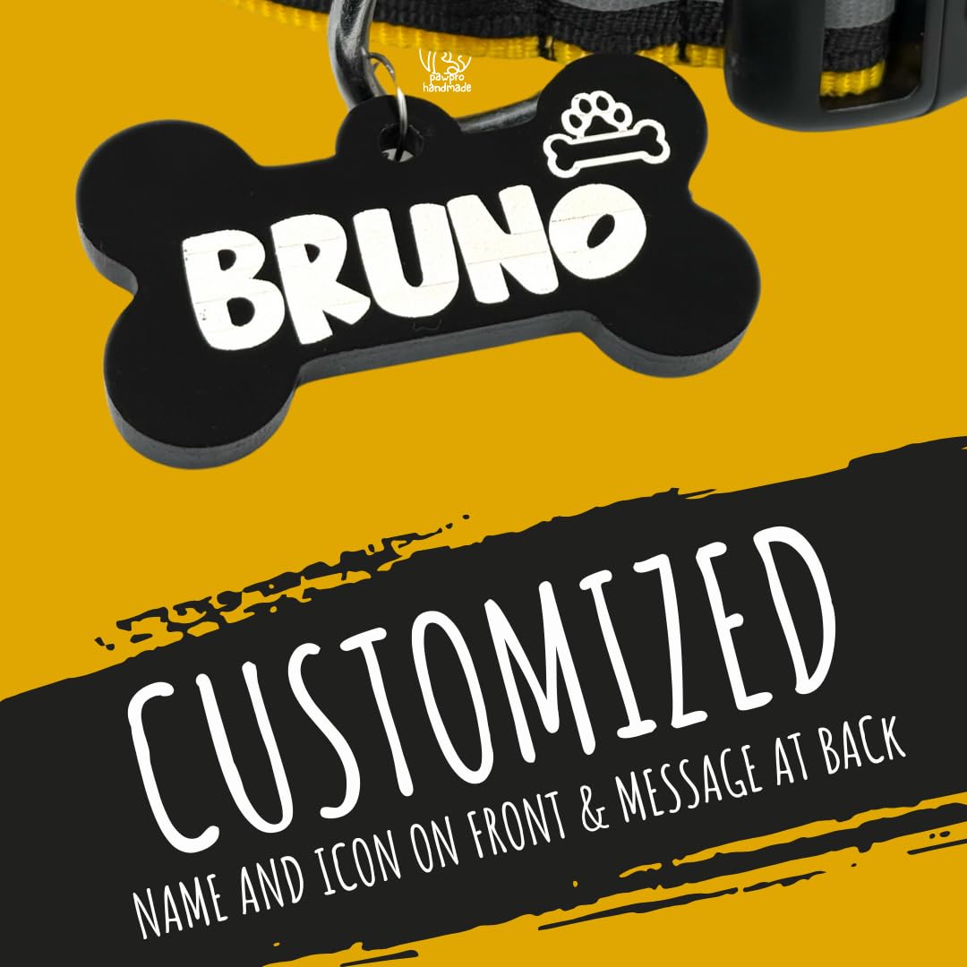 PAWPRO HANDMADE Collare riflettente per cani con targhetta personalizzabile a forma di osso, regolabile per sicurezza e comfort, adatto per collo da 35 a 50 cm, nero (giallo, M)