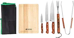 Kit de Churrasco Inox Palisad 8 Peças com Case – Facas, Talheres e Acessórios em Inox e Madeira