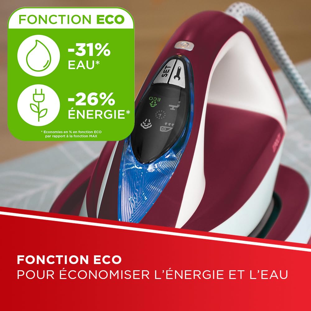 Polti Vaporella Express VE30.40 Fer à repasser à générateur de vapeur, Pression 8 bars, 2 100 W, fonction Eco, technologie « One Temperature », commandes numériques, bordeaux et blanc