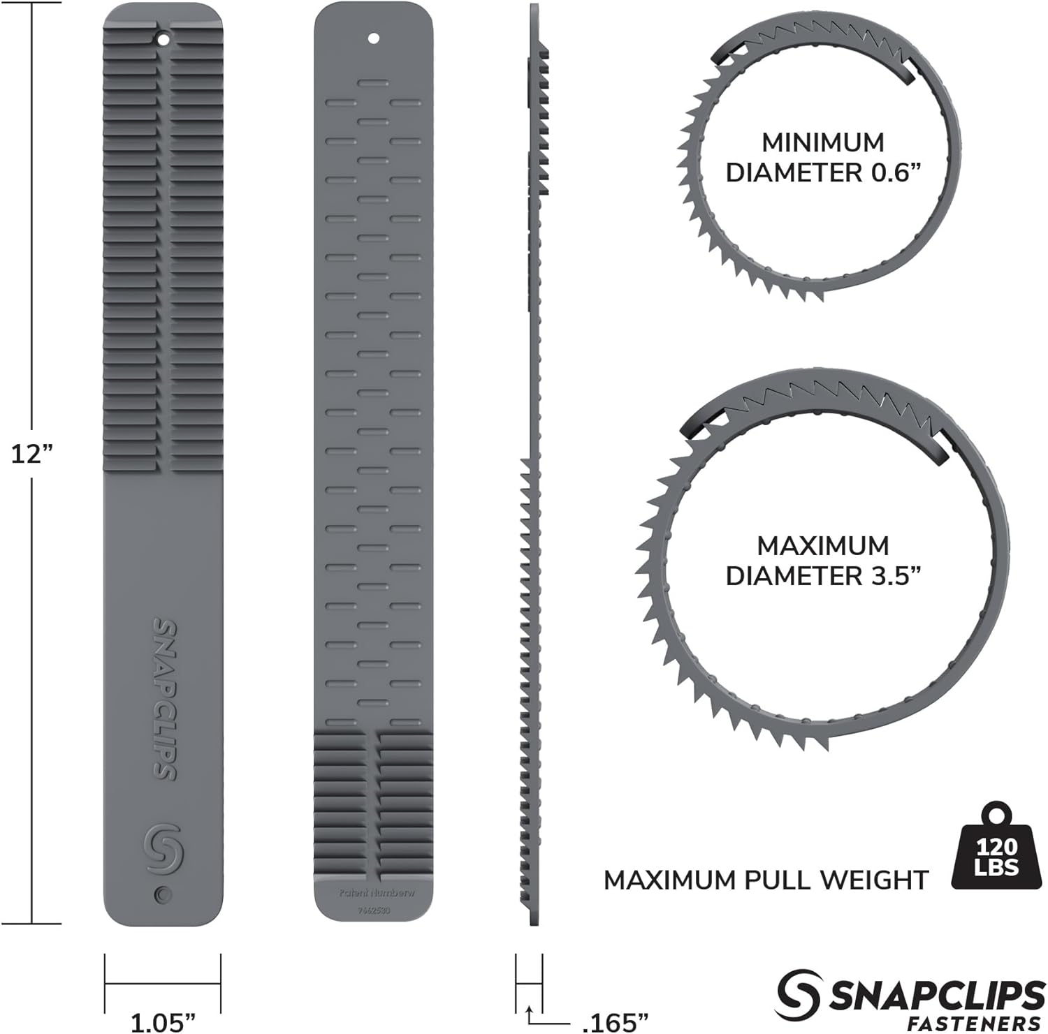 SnapClips Storage Straps, 12" Grey - Set of 2, Heavy Duty Extension Cord Organizer Straps, Reusable Cable Ties, Hose Storage, Accessories Holder for Home, Office, Garage Organization