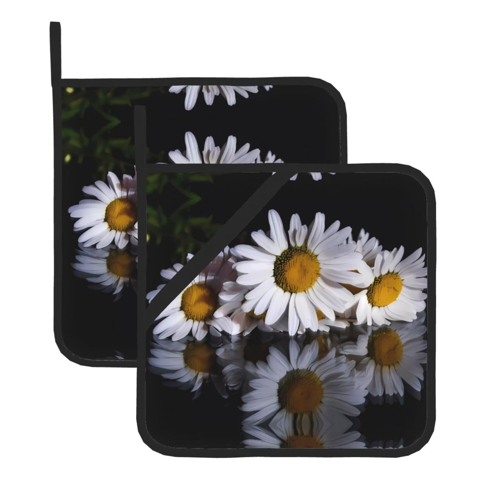 WHJSHOP Daisy Prints Square Hot Pads for Kitchen - Waterproof Pot Covers with Hanging Loops - Thick Heat Resistant Trivets for Serving & BBQ, 2-Piece Set