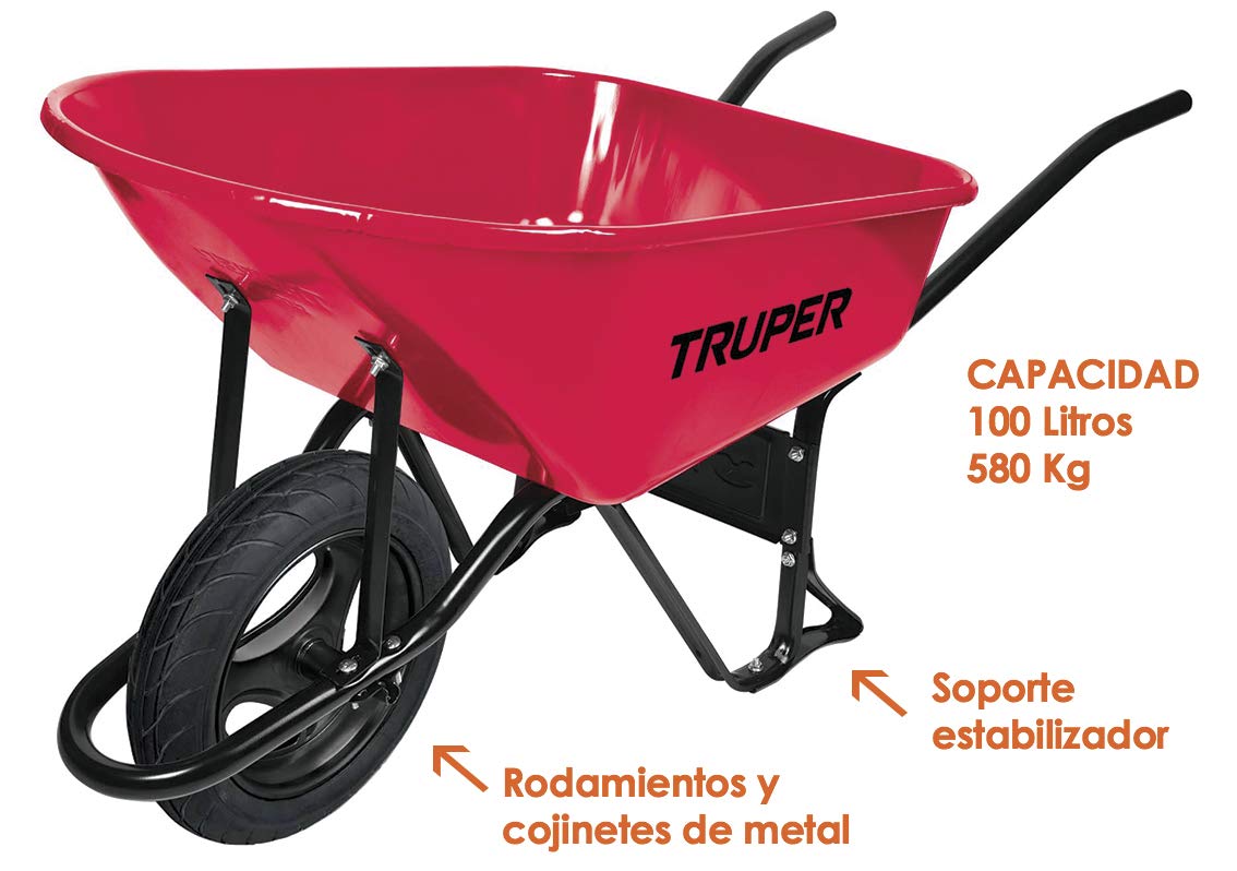 TRUPER CARRETILLA METÁLICA 100 LITROS LLANTA IMPINCHABLE CON RODAMIENTOS PARA OBRA CONSTRUCCIÓN Y JARDINERÍA 580KG CAPACIDAD