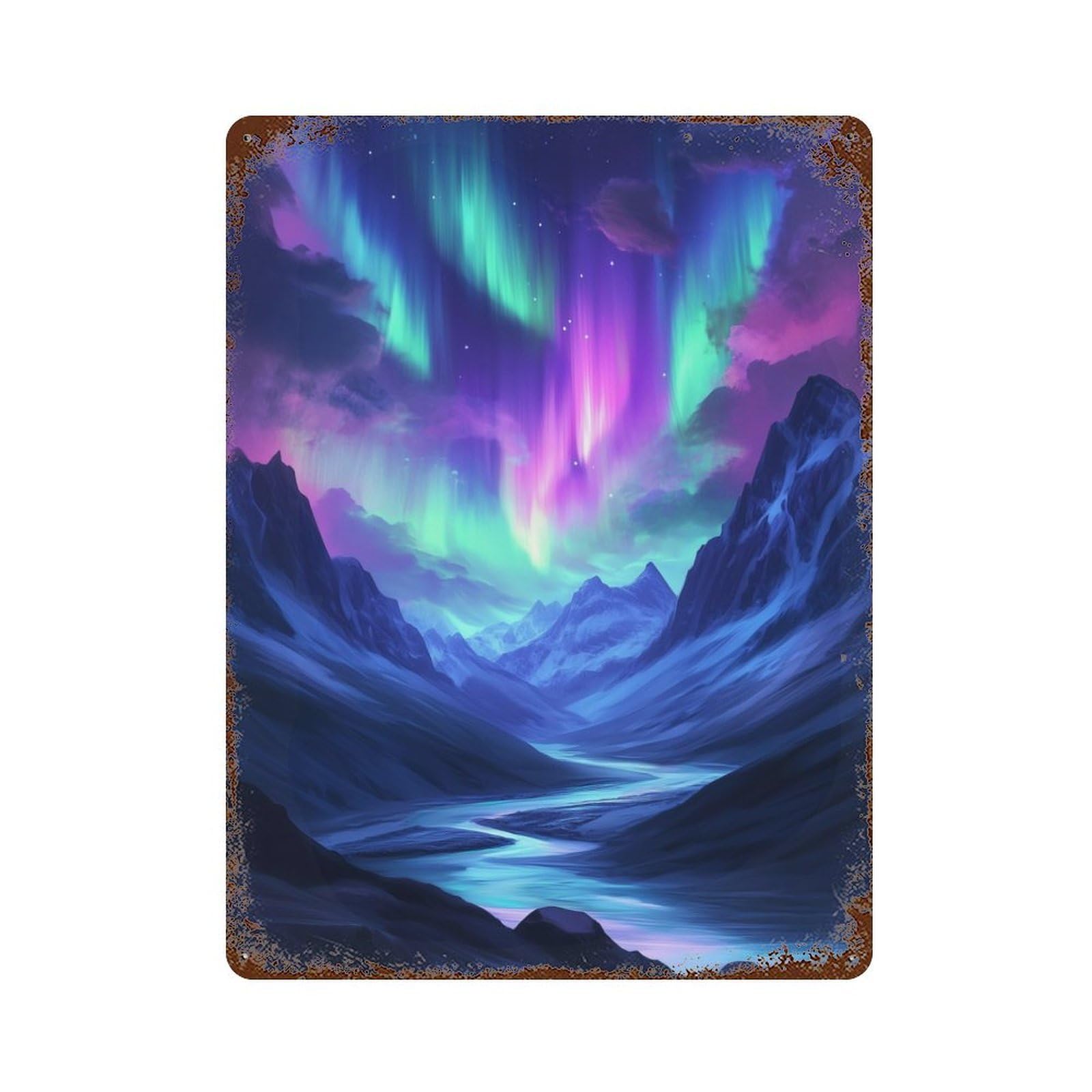 Garage Style Aurora Borealis Mountain Landscape Rusty Metal Tin Sign 15.7"x11.8", Farmhouse Wall Decor for Bar And Workshop