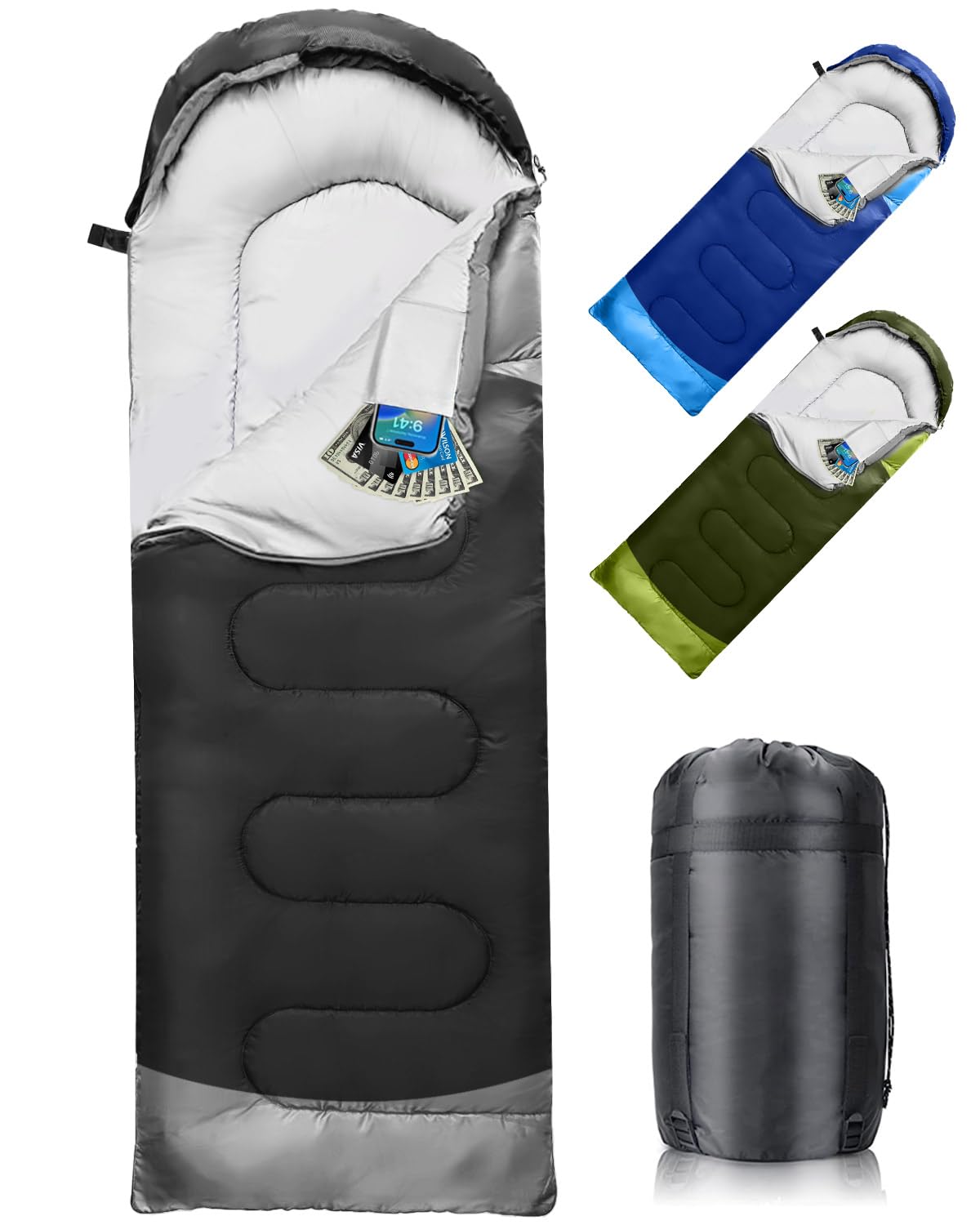 Schlafsack 3-4 Jahreszeiten, Outdoor Wasserdicht Ultraleicht Deckenschlafsack mit Innentasche für Erwachsene Kinder, Tragbare Kompakter Schlafsack für Camping, Wandern, Reise, 220 * 75cm