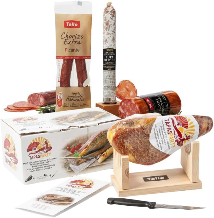 Coffret Tapas Party Deluxe Espagnol | Mini Jambon Serrano (1kg) avec Support et Couteau + Chorizo, Lomo & Fuet | Kit Apéro & Cadeau Gourmand Charcuterie