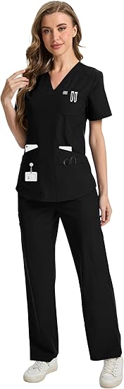 CaiDieNu Medical Scrubs for Women Set: Stretch Uniform Nursing Scrub Set V-Neck Top & Straight Leg Cargo Pants with 13 Pocket