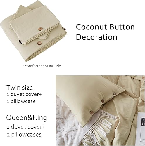 Miniatura 6 de SunStyle Home Juego de funda de edredón beige tamaño individual con cierre de botones, 2 piezas de color liso, lujoso, ultra suave y agradable para