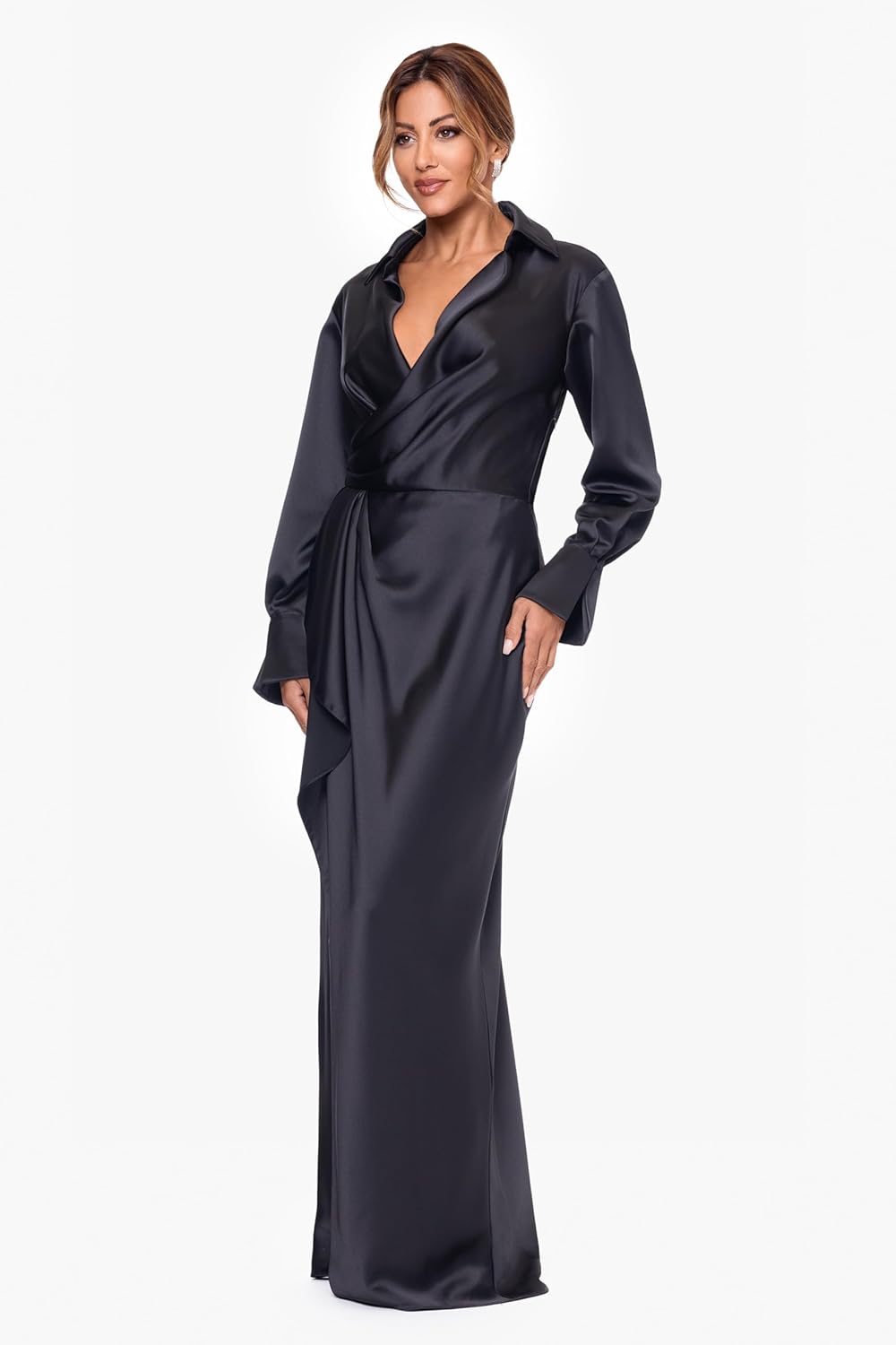 Xscape Women's Satin Collar Neck Long Sleeve Ruffle Modest Dress (Petite)