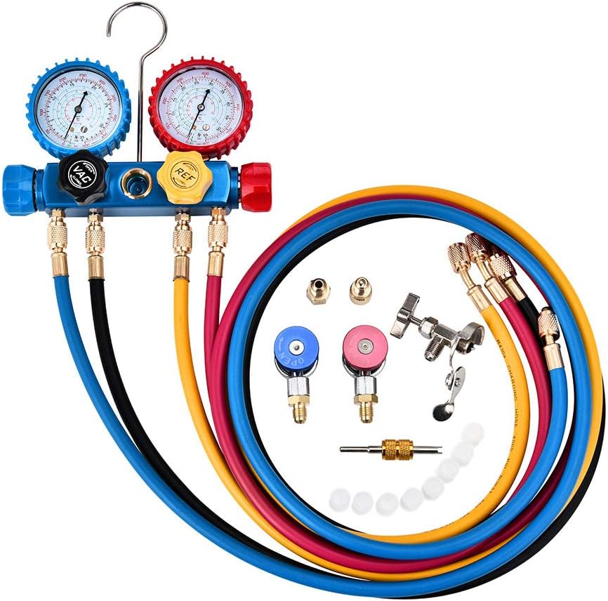 TOPQSC Refrigeration Gauge 4 Way AC Diagnostic Manifold Gauge Set for Freon Charging and Vacuum Pump Evacuation, Fits R134A R410A and R22 Refrigerants, with 5FT Hose, 3 Acme Tank Adapters