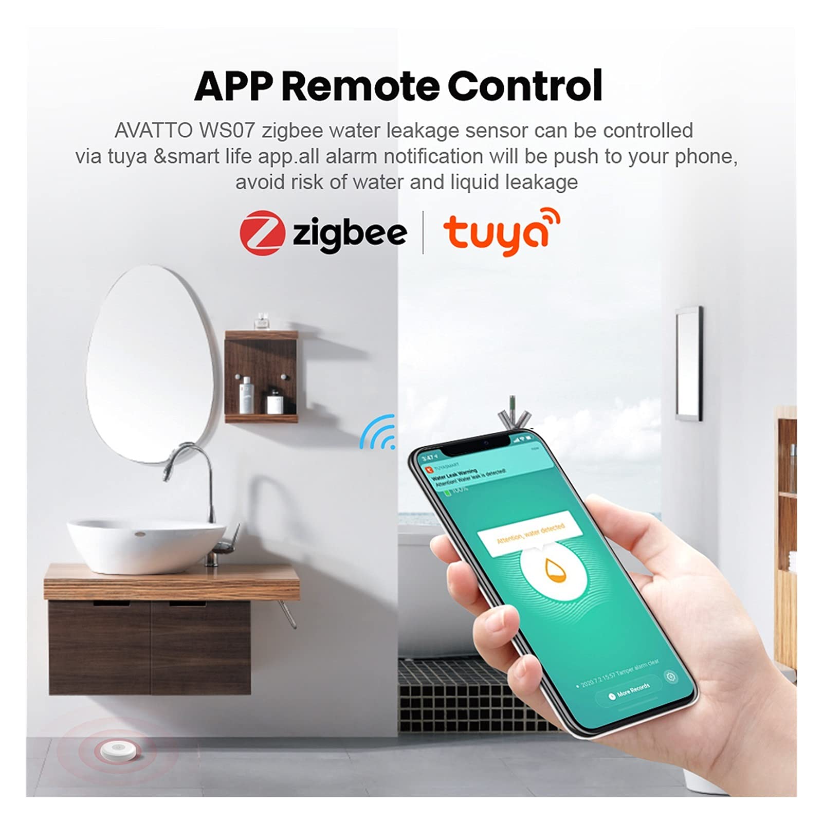 Sensor de Fugas de Agua, Detector de Fugas de Agua, alertas de notificación, Alarma de Fugas de inundación de Agua Inicio(1ZWS07 1Gateway)