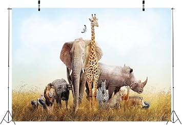 BELECO 5x3ft Fabric Safari Animals Backdrop Large Group of African Safari Animals in Grassland Elephant Giraffe Lion Phtography Backdrop for Birthday Party Kids Photoshoot Photo Background Props