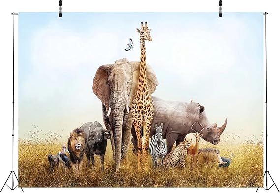 BELECO 5x3ft Fabric Safari Animals Backdrop Large Group of African Safari Animals in Grassland Elephant Giraffe Lion Phtography Backdrop for Birthday Party Kids Photoshoot Photo Background Props