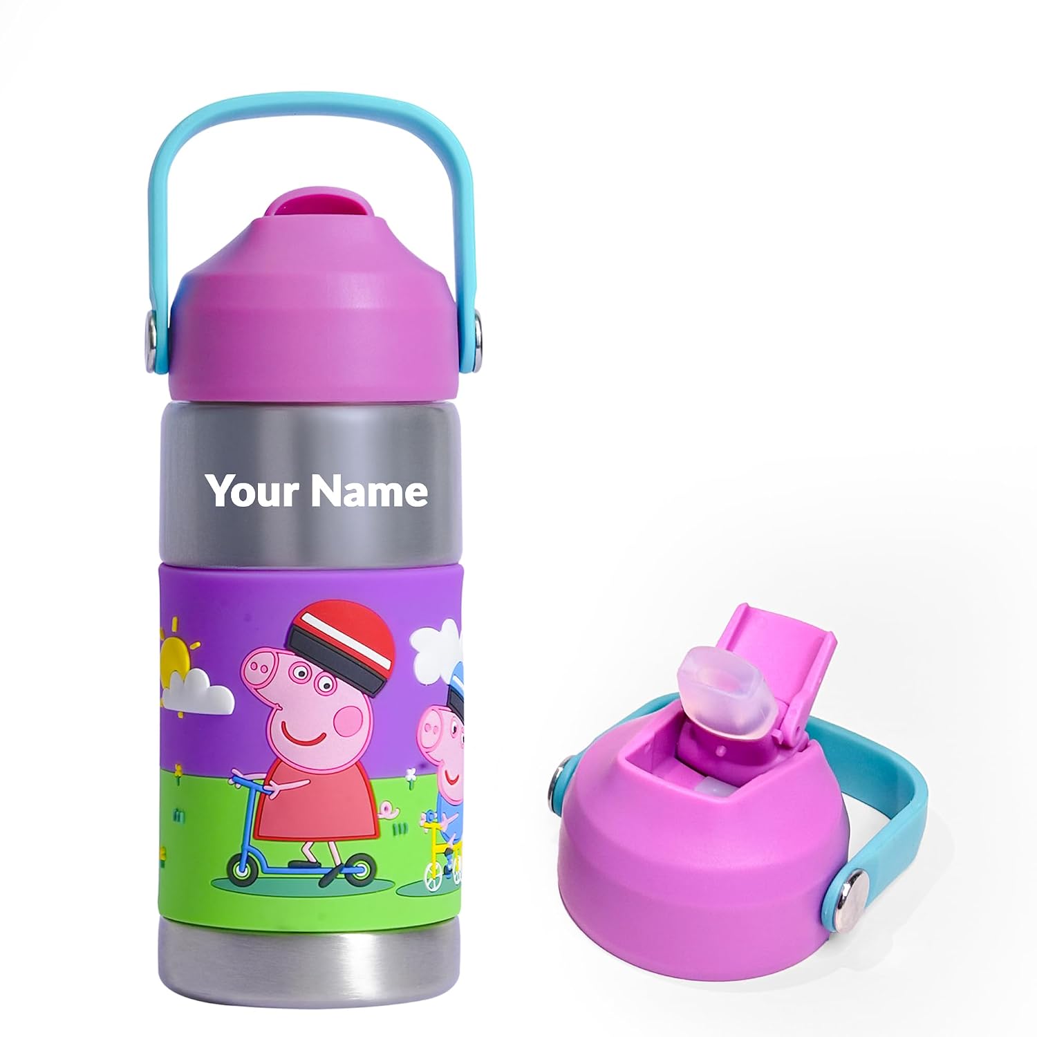 Rabitat Sipzy Peppa Pig Personalized Stainless Steel Kids Water Bottle 410ml | 2 Year Brand Warranty | Insulated Bottle fo...