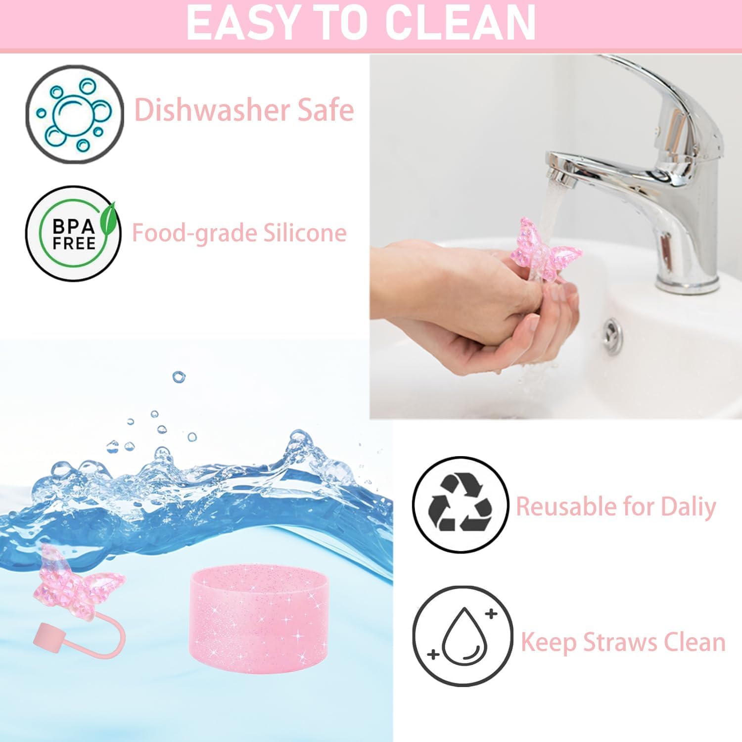3 Pieces Accessories for Stanley Cup，Butterfly Chain for Stumbler with Handle, Silicone Boot and Straw covers Stuff Decor Water Bottle Jewelry Tumbler Personalized Decorations Tag (Pink) image 4