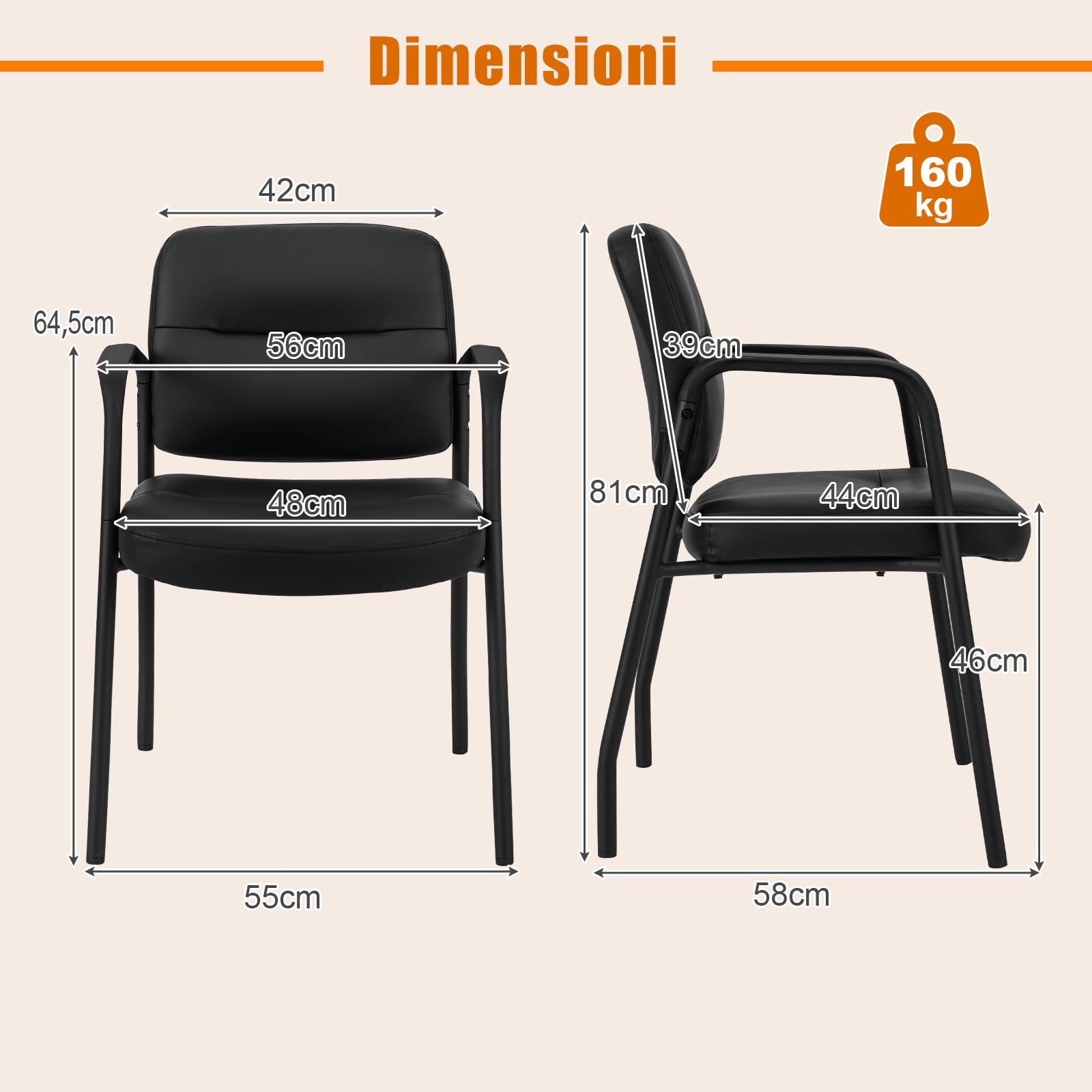 COSTWAY Set di 2 Sedie da Sala d'Attesa Imbottite, Sedie da Conferenza con Braccioli, con Gambe in Metallo, Sedie da Ufficio Portata 160 kg, 58 x 56 x 81 cm