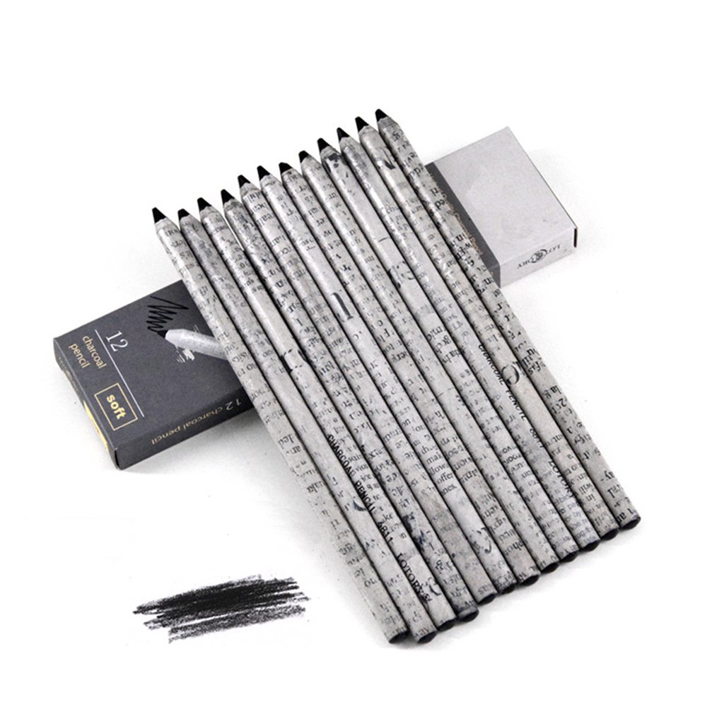 12-Piece Student Artist Sketch Drawing Black Charcoal Pencils Set Soft Hardness
