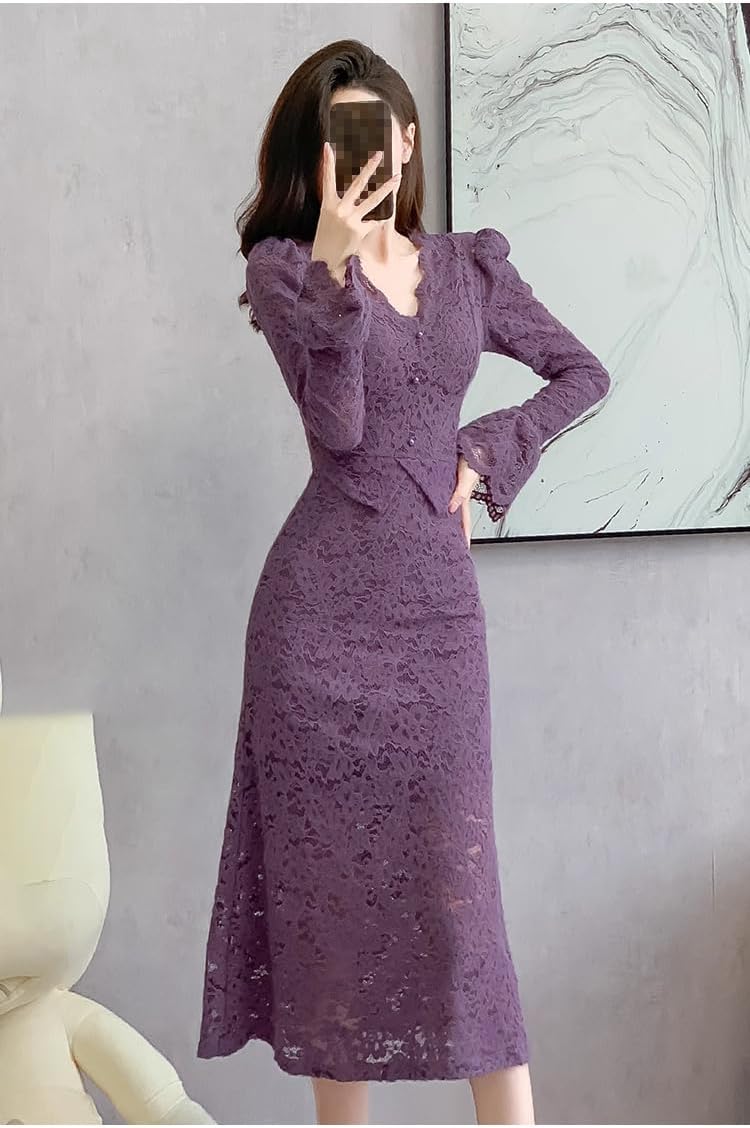 Korean lace lightmature Style Trumpet Sleeves Slim fit Inside twopiece Fishtail Dress for Women