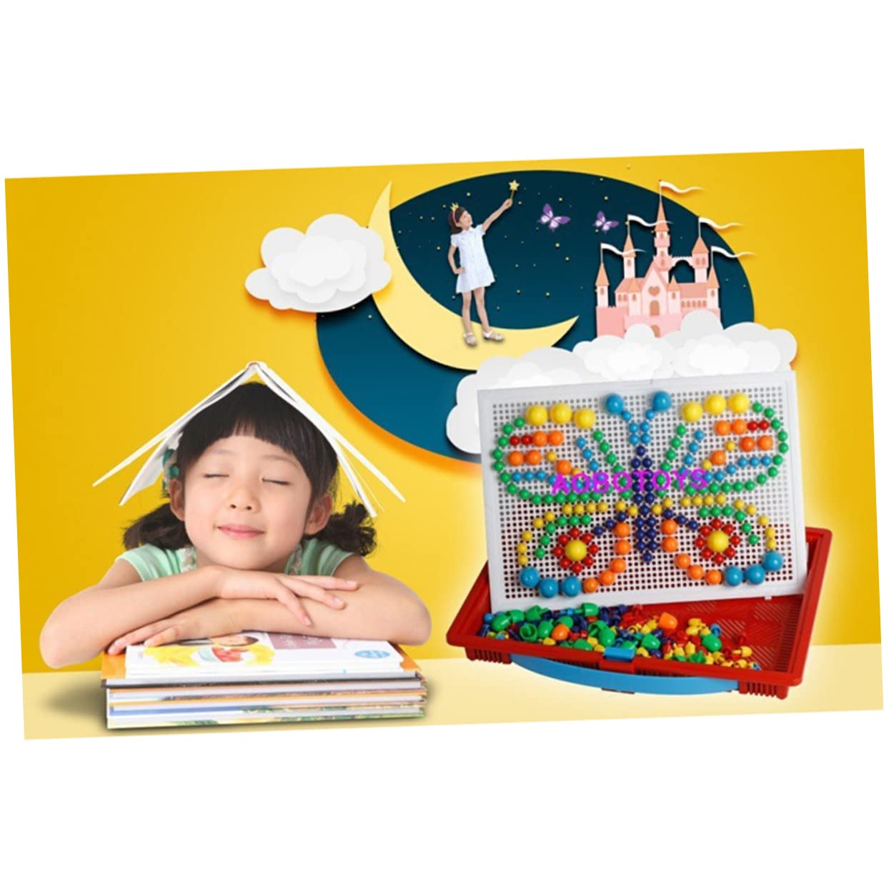 KOMBIUDA Gioco Educativo con 296 Elementi di Chiodi a Fungo in Plastica per Ragazzo Ragazza, Puzzle Creativo con Pegboard e Cestino Portaoggetti per Attività Homeschooling e Colore Casuale