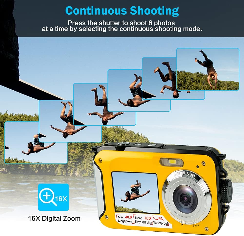 Underwater Camera, Waterproof Camera Full HD 2.7K 48MP Waterproof Camera Digital with Dual Screen, 16X Digital Zoom and Self-Timer : Electronics