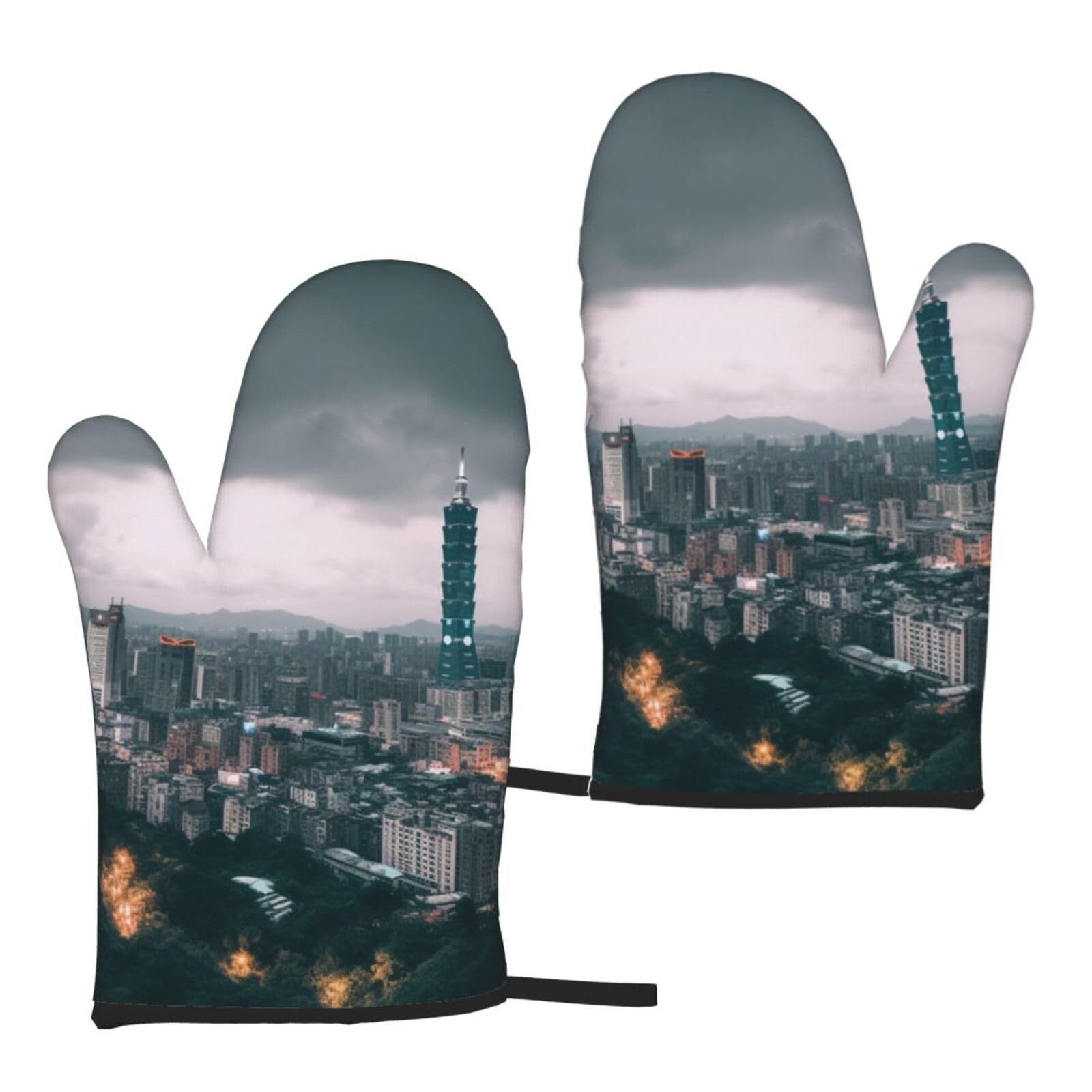 Taipei Scenery Printed Oven Mitts Sets 2 PCS Heat Resistant and Non-Slip Glove Potholder for Kitchen Cooking Baking Grilling