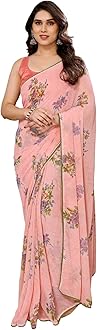 Women's Readymade Pleated Pre Drape Stitched Printed Georgette Sarees For Ladies With Lace Border & Solid Blouse(Ready To Wear One Minute Saree)