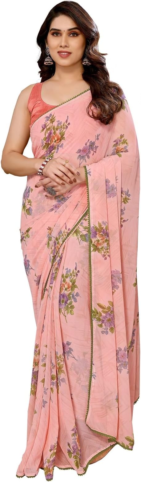 Women's Readymade Pleated Pre Drape Stitched Printed Georgette Sarees For Ladies With Lace Border & Solid Blouse(Ready To Wear One Minute Saree)