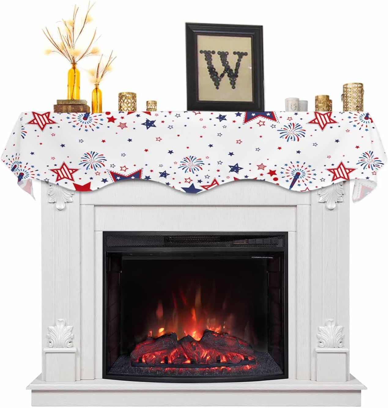 4th of July Mantle Scarf for Fireplace, Patriotic Star Memorial Day Fireplace Cover Decorations Indoor Independence Day Mantel Top Scarf Runner for Home Living Room Holiday Party, 17 x 70 Inch