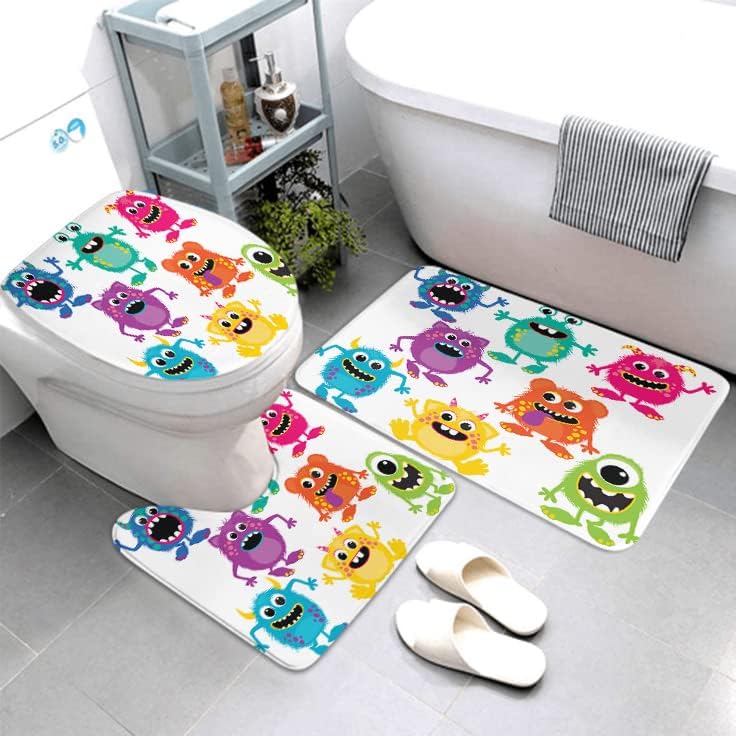 Miniatura 3 de LOKMU Juego de 4 cortinas de ducha con alfombras antideslizantes, cubierta para tapa de inodoro y tapete de baño, diseño de monstruos esponjosos