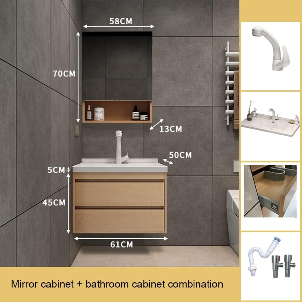 Bathroom Furniture Set of 3, Under Sink Vanity Storage Cabinet with 2 Drawer, Floating Sink Pedestal Cabinet, Toilet Wall Mounted Medicine Cabinet (Wood 61cm)