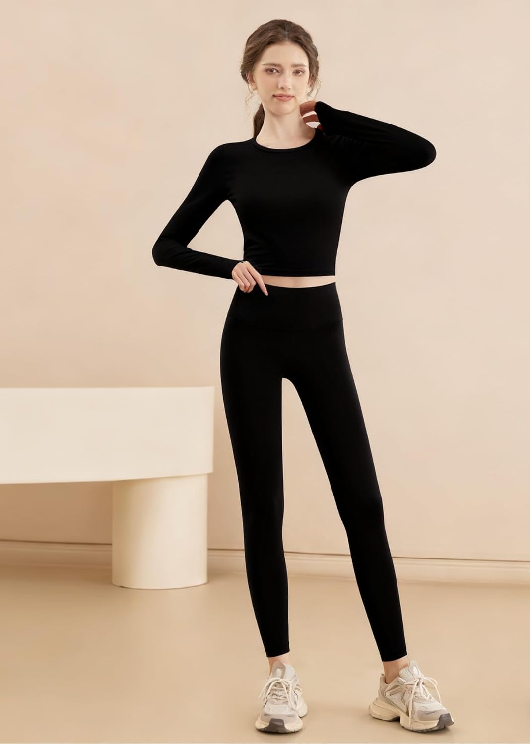 2 Piece Workout Sets for Women Open Back Long Sleeve Scrunch Hip Lifting Athletic Leggings Yoga Set