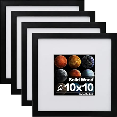 Egofine Portarretratos de 10 x 10 pulgadas, color negro, hecho de madera maciza con plexiglás HD para fotos de 6 x 6 pulgadas con paspartú o de 10 x