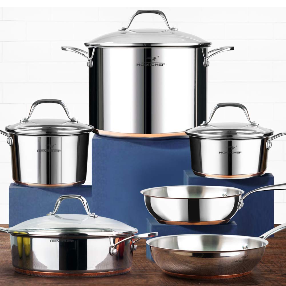 HOMI CHEF 10-Piece Nickel Free Stainless Steel Cookware Set Copper Band - Nickel Free Stainless Steel Pots and Pans Set - ...