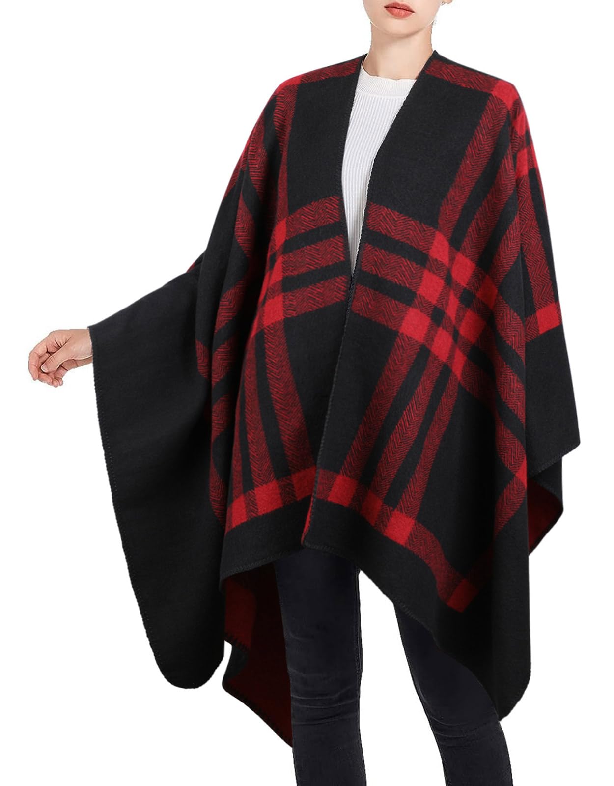 Genfien Damski szal owijany ponczo peleryna odwracalny ponczo szal owijany kardigany dla kobiet modny elegancki dzianinowy jesienny wełniany szalik w kratę płaszcz