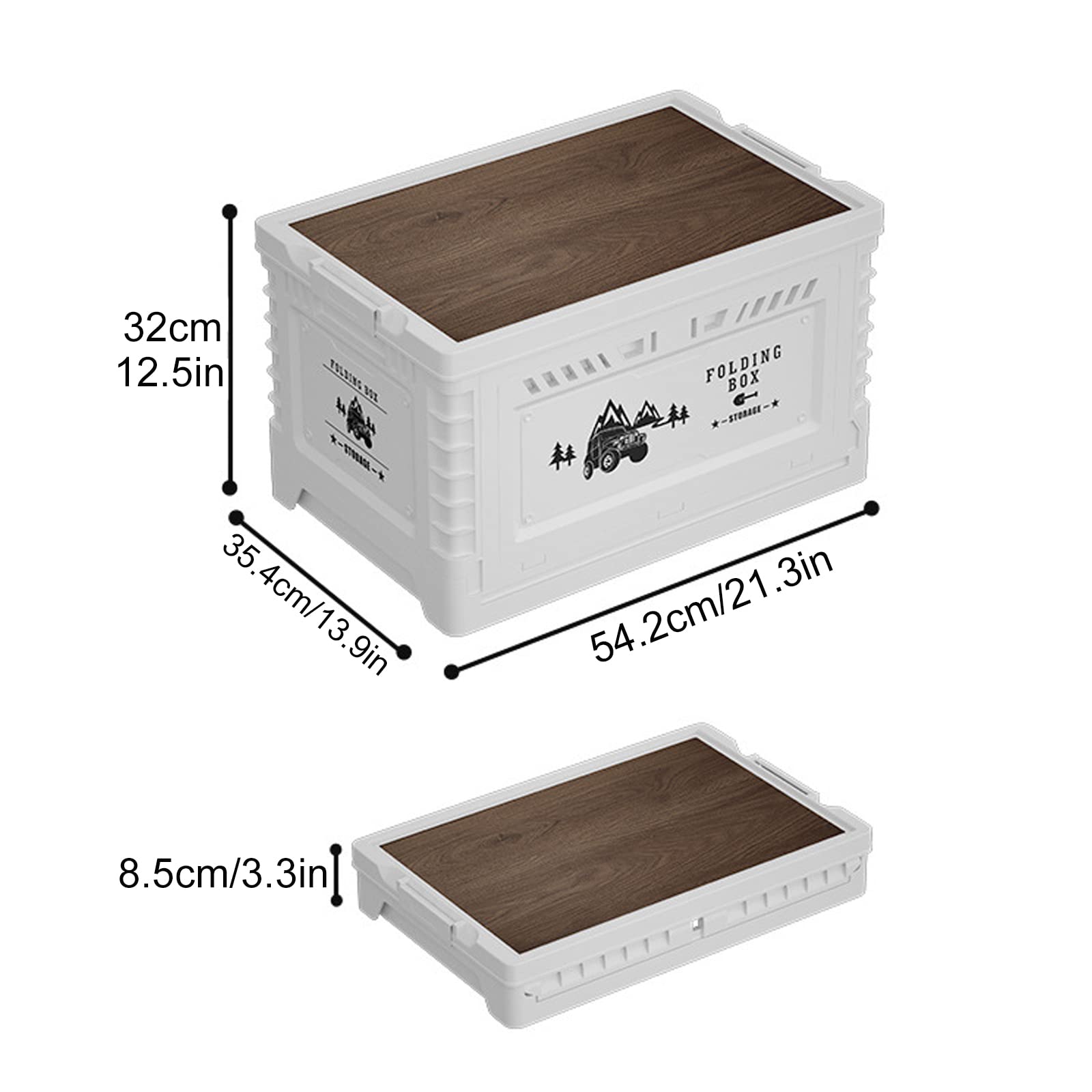 Contenitore Pieghevole da Campeggio con Coperchio in Legno, 60L Scatole da Plastica Impilabile, Organizer Multifunzionale per Riporre Vestiti Utensili da Cucina Giocattoli,Bianca