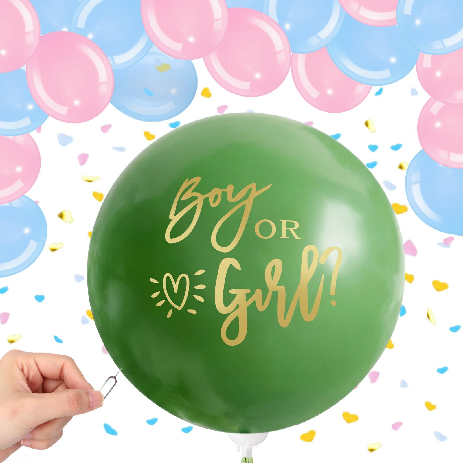 Syhood Kit jumbo per svelare il genere con palloncini da 91,4 cm per bambino o bambina e palloncini blu rosa a forma di cuore con nappe per coriandoli e nappe per baby shower, forniture per feste e