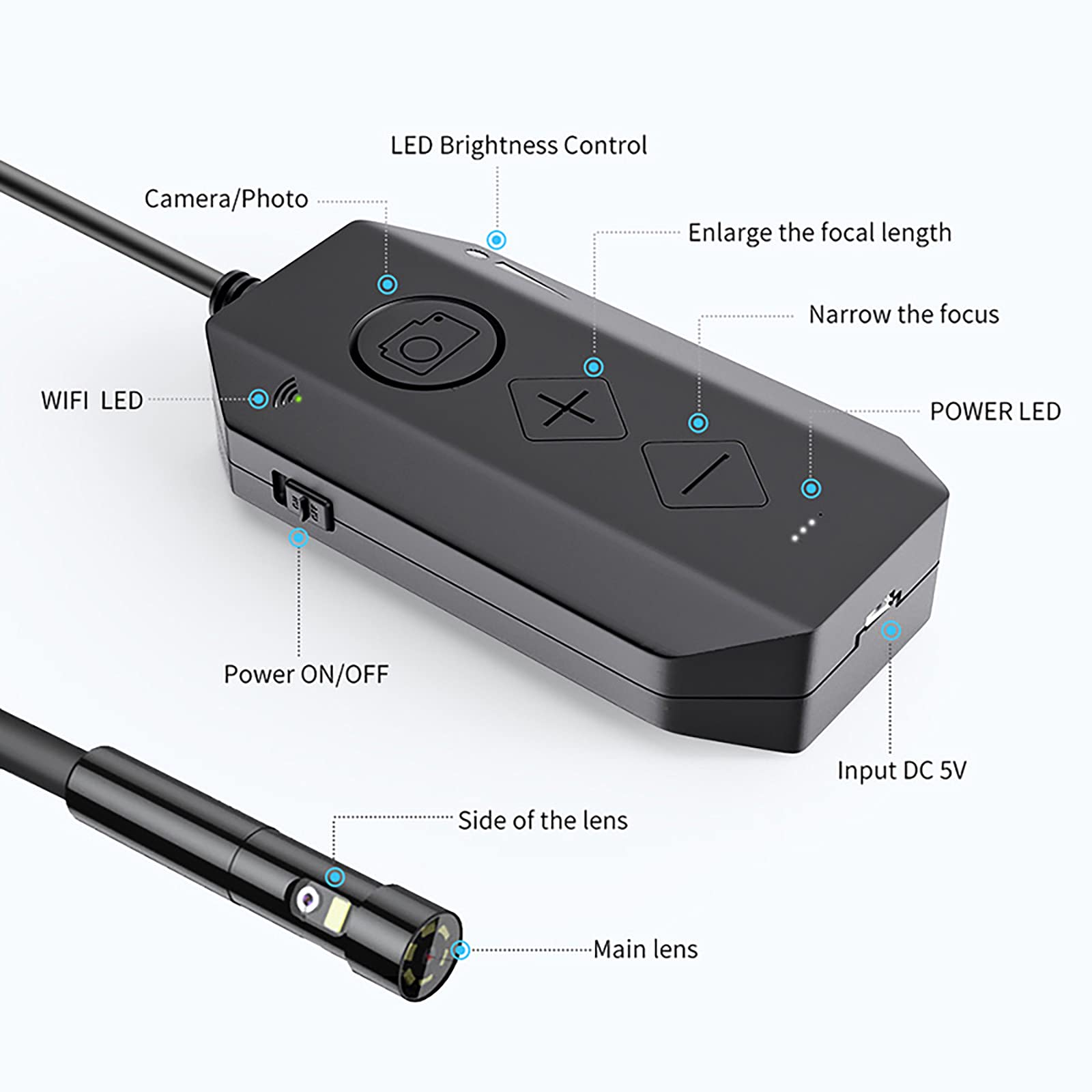 ERNZI Endoscopio Telecamera Di Ispezione Wireless Doppia Lente Wifi Endoscopio IP67 Impermeabile Zoom Ultra-Sottile 1080P HD Endoscopio Telecamera Con 6 Luci LED, Batteria 2600mAh,Nero,5M
