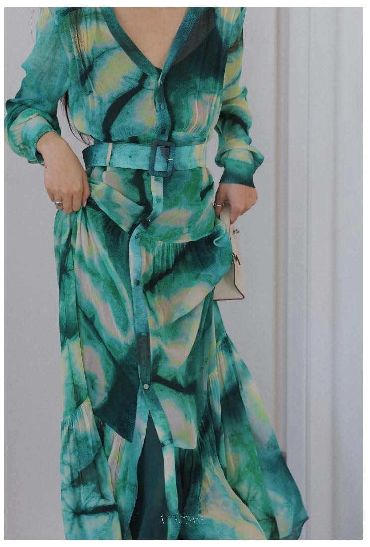Pulcykp Vestido largo midi de manga larga con cuello en V y estampado floral para mujer