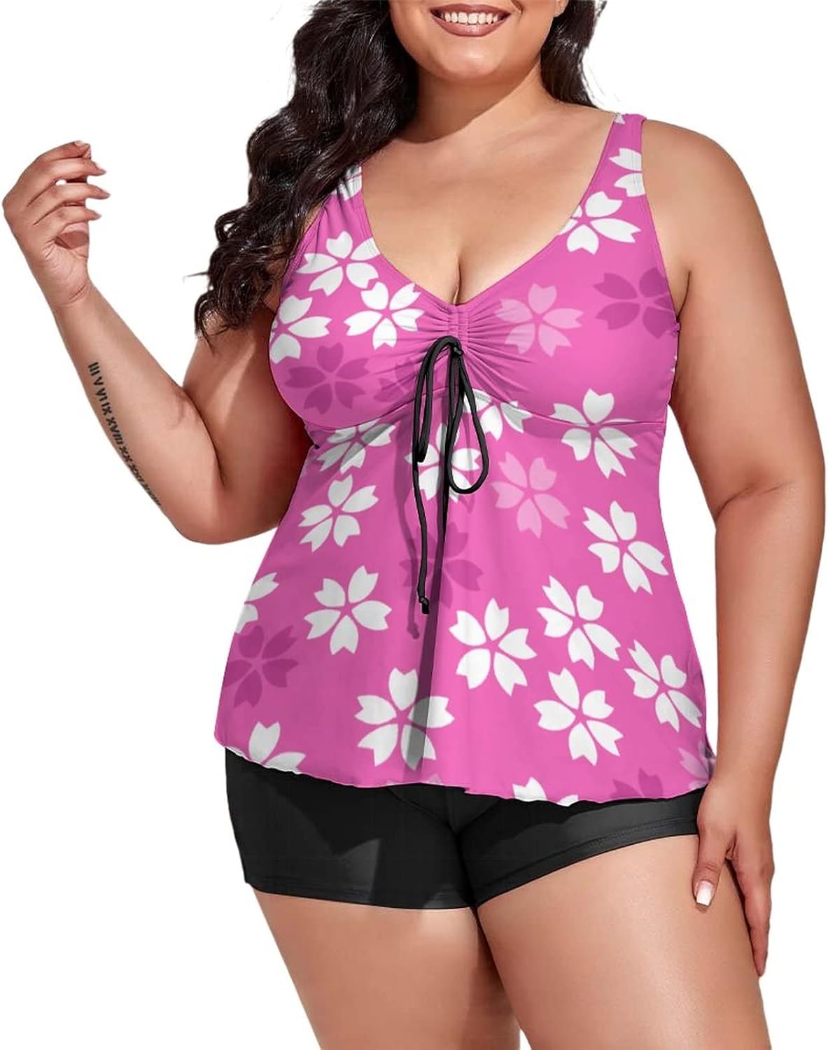 Womens Plus Size Tankini Swimsuit with Top/Boyshorts Watercolor Flower Two Piece Bathing Suit Swimwear Tummy Control
