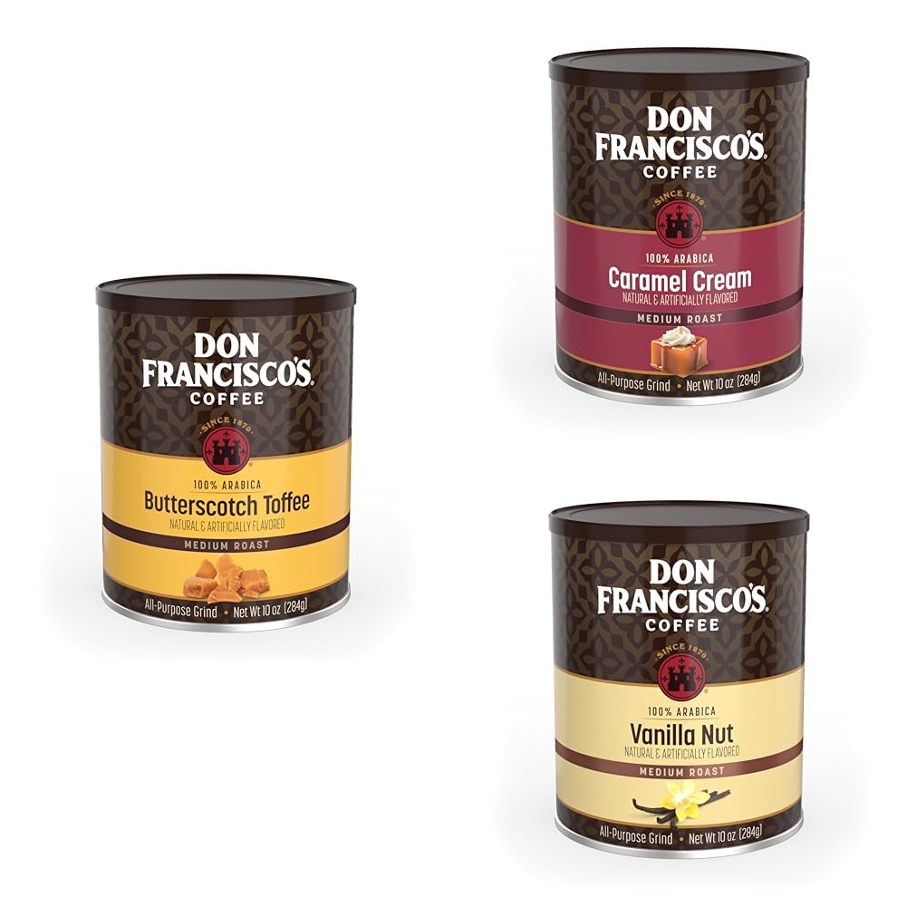 Don Francisco’s Flavored Ground Coffee Bundle – Butterscotch Toffee, Caramel Cream & Vanilla Nut, 100% Arabica, Sweet & Smooth Gourmet Coffee, 10 oz Cans (Pack of 3)